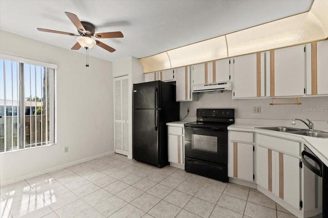 kitchen with ceiling fan, a sink, black appliances, light countertops, and under cabinet range hood