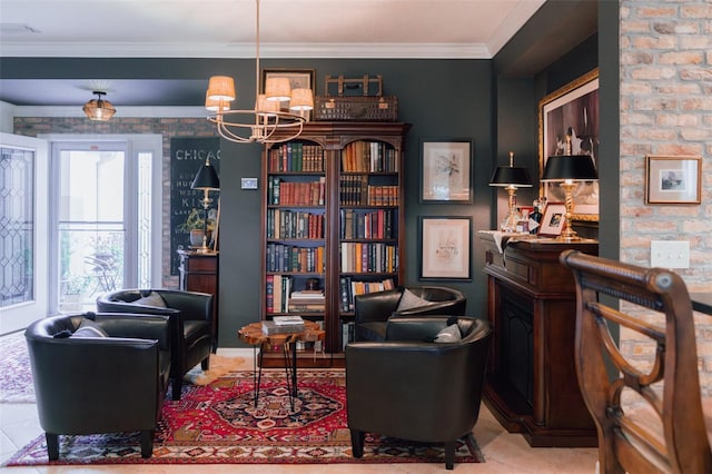 sitting room featuring ornamental molding and a chandelier