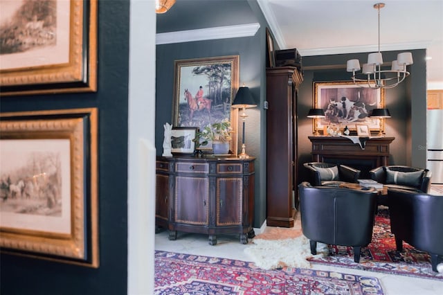 interior space featuring ornamental molding, stainless steel fridge, and a notable chandelier