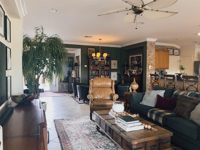 living room with crown molding, ceiling fan with notable chandelier, and light tile patterned floors