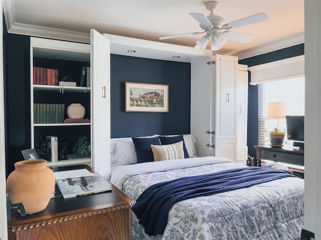 bedroom featuring ceiling fan and ornamental molding