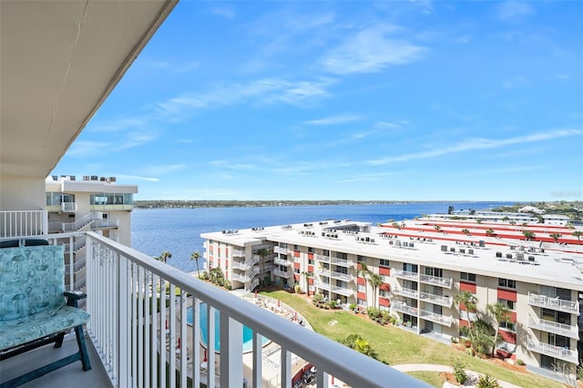 balcony featuring a water view