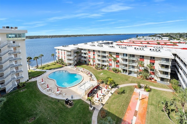 drone / aerial view with a water view