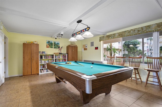 rec room featuring billiards and beamed ceiling