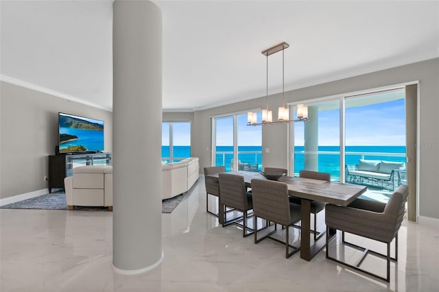 dining room with a chandelier, marble finish floor, plenty of natural light, and baseboards