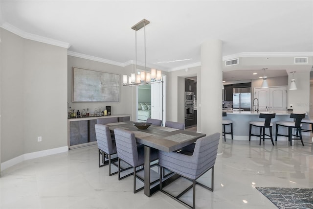 dining room featuring crown molding, marble finish floor, visible vents, and baseboards