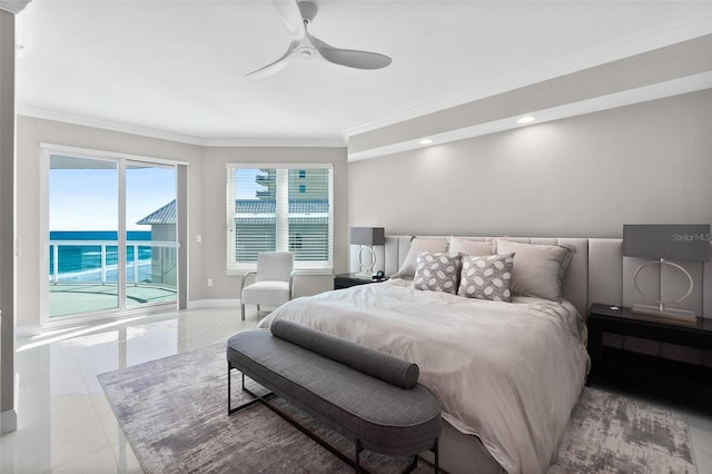 bedroom with recessed lighting, a ceiling fan, baseboards, access to exterior, and ornamental molding