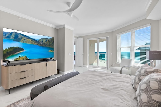 bedroom featuring baseboards, ceiling fan, access to exterior, marble finish floor, and crown molding