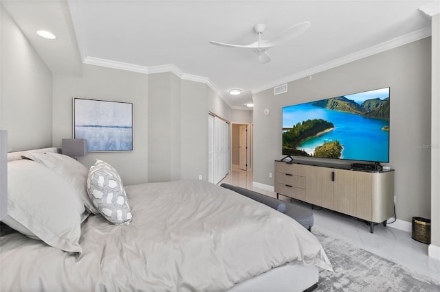 bedroom featuring marble finish floor, baseboards, visible vents, and ornamental molding