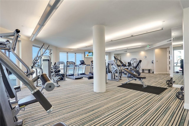 exercise room featuring light colored carpet