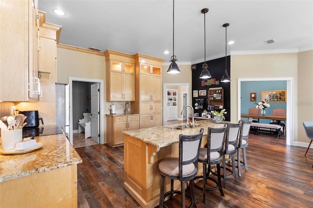 kitchen featuring light brown cabinetry, an island with sink, light stone counters, pendant lighting, and sink