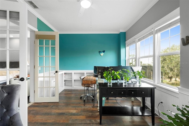 office with dark hardwood / wood-style flooring, ornamental molding, french doors, and ceiling fan