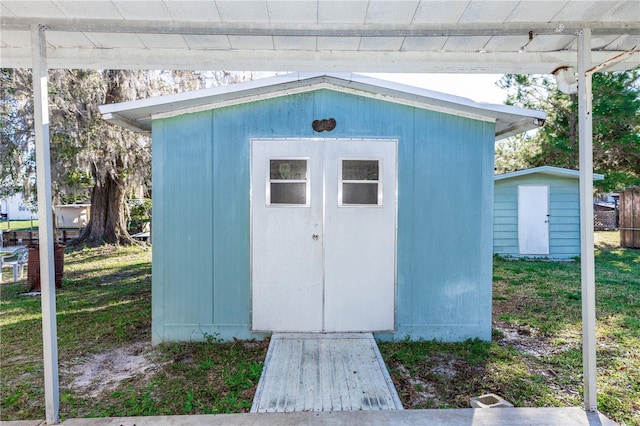 view of shed with a pergola