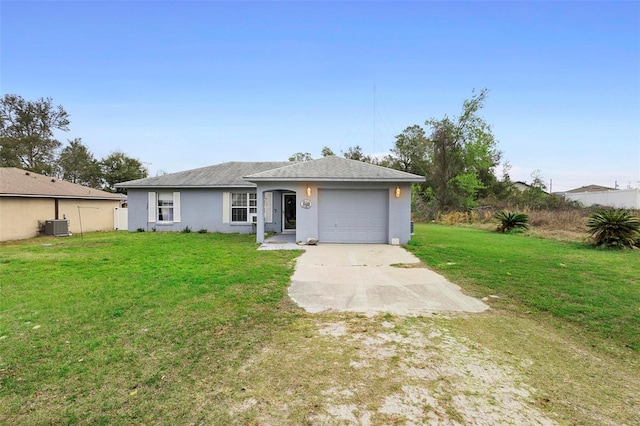 single story home with central AC unit, a garage, driveway, stucco siding, and a front lawn