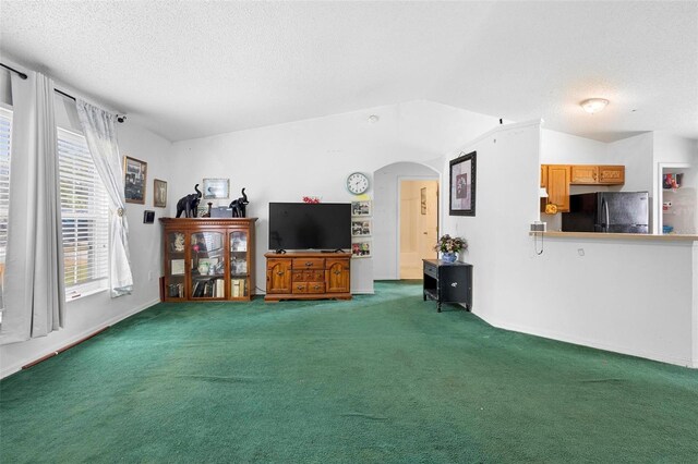 carpeted living area with arched walkways, vaulted ceiling, and a textured ceiling