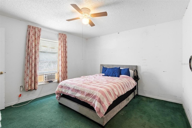 bedroom with dark colored carpet, cooling unit, a textured ceiling, and baseboards