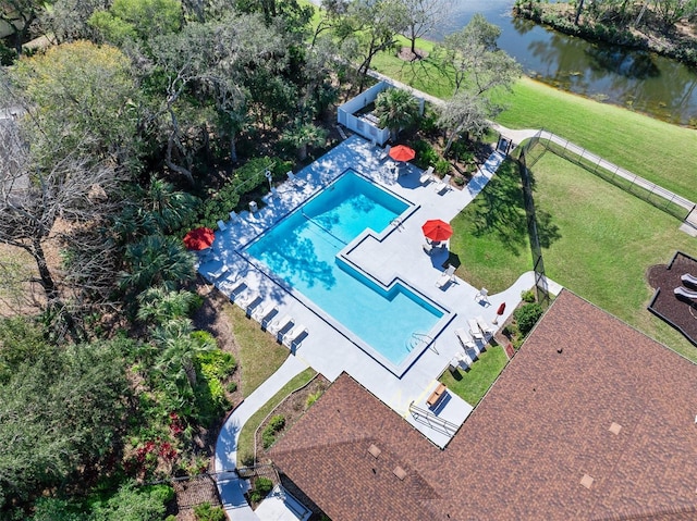 aerial view featuring a water view