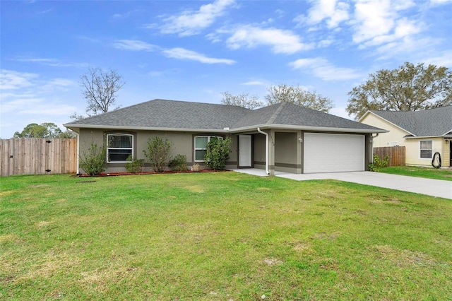 single story home with a front yard and a garage