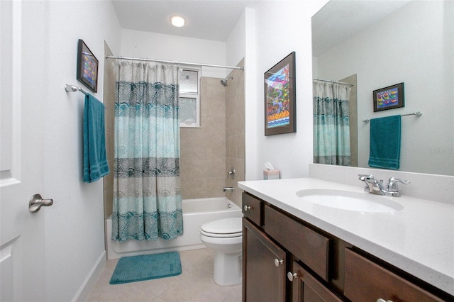 bathroom featuring toilet, shower / bathtub combination with curtain, vanity, and tile patterned floors