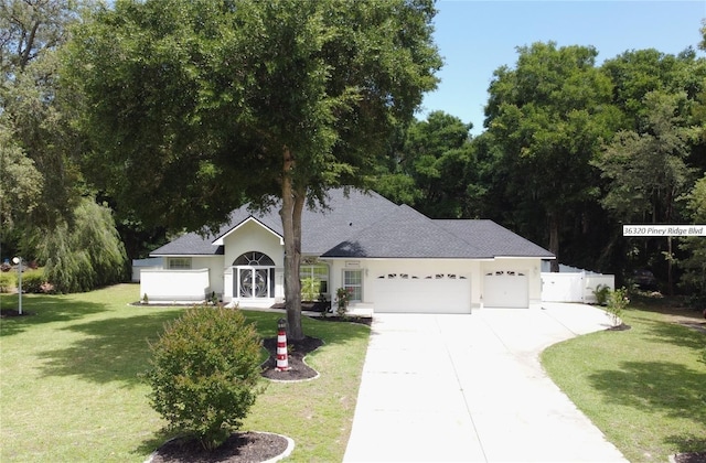 ranch-style house featuring a front yard, fence, stucco siding, concrete driveway, and a garage