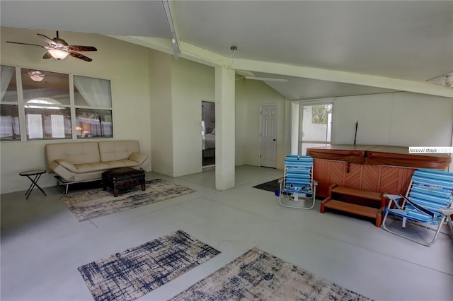 interior space with outdoor lounge area, ceiling fan, and a hot tub