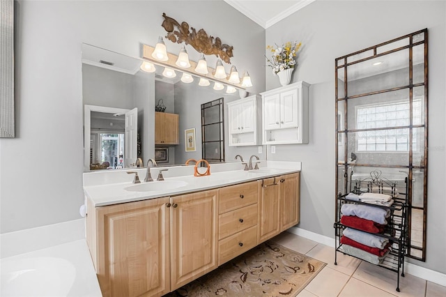 bathroom featuring crown molding, tile patterned flooring, a sink, and double vanity