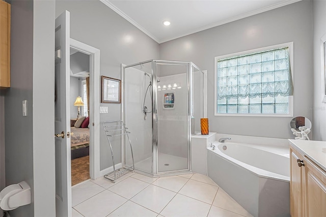 full bath with a shower stall, vanity, crown molding, and ensuite bathroom