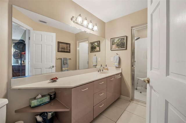 bathroom featuring visible vents, toilet, a stall shower, vanity, and tile patterned floors