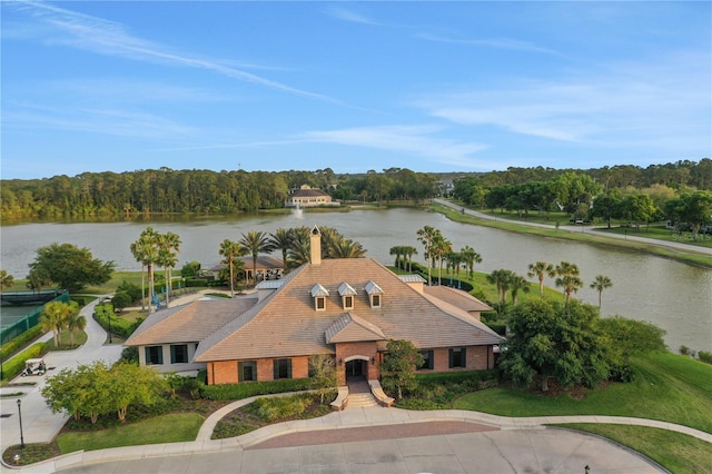 bird's eye view featuring a water view and a wooded view