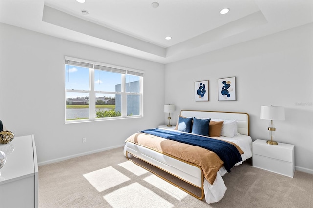 bedroom featuring a tray ceiling and light colored carpet