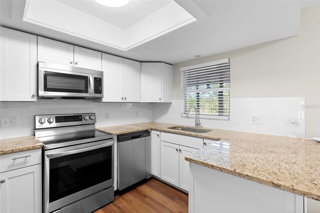 kitchen with appliances with stainless steel finishes, light stone counters, dark wood-type flooring, white cabinetry, and a sink