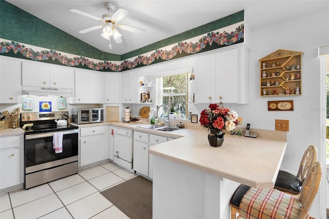 kitchen with white cabinetry, electric range, kitchen peninsula, sink, and dishwasher