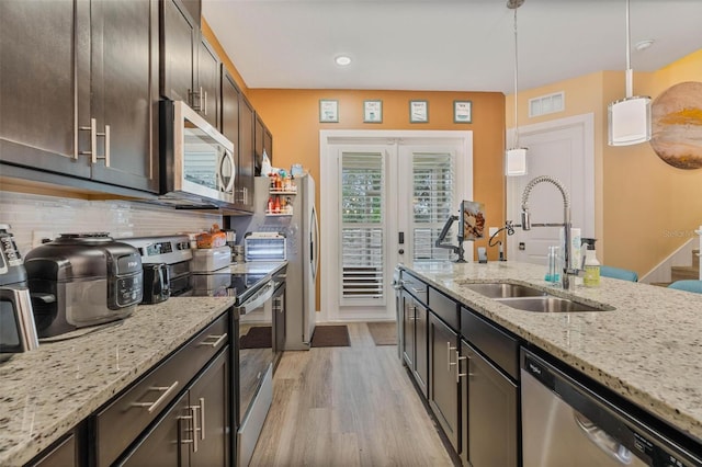 kitchen with tasteful backsplash, visible vents, appliances with stainless steel finishes, a sink, and light wood-type flooring