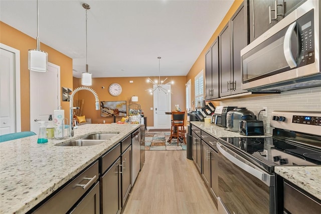 kitchen featuring a chandelier, stainless steel appliances, a sink, light wood-type flooring, and backsplash