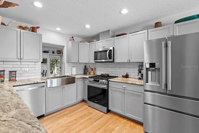 kitchen featuring appliances with stainless steel finishes, a sink, backsplash, and light wood finished floors