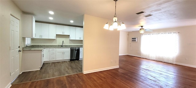 kitchen featuring black dishwasher, visible vents, white cabinets, open floor plan, and dark wood-style flooring