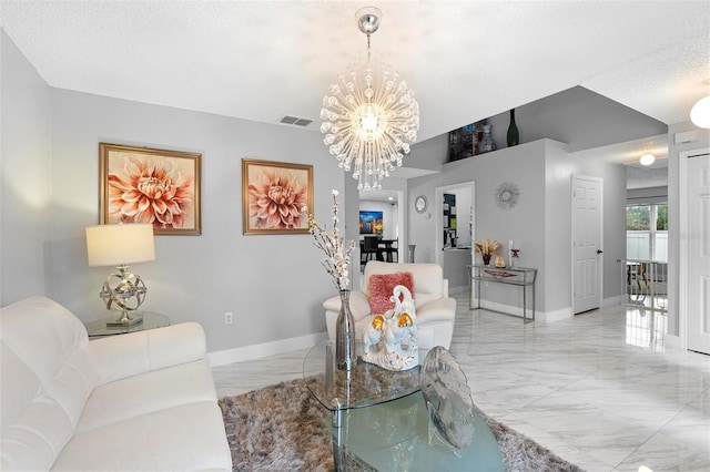 living room featuring a notable chandelier, marble finish floor, visible vents, and baseboards