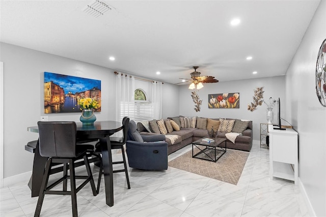 living room featuring recessed lighting, a ceiling fan, baseboards, visible vents, and marble finish floor