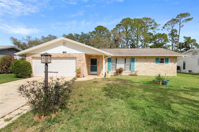 single story home featuring driveway, stone siding, a garage, and a front lawn