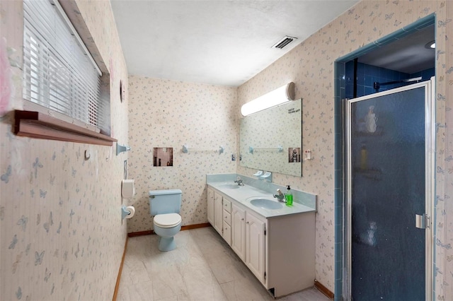 full bathroom with a stall shower, a sink, visible vents, and wallpapered walls