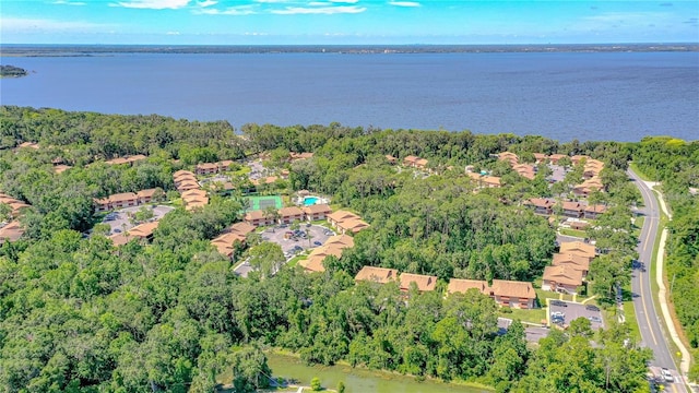 aerial view featuring a water view and a view of trees