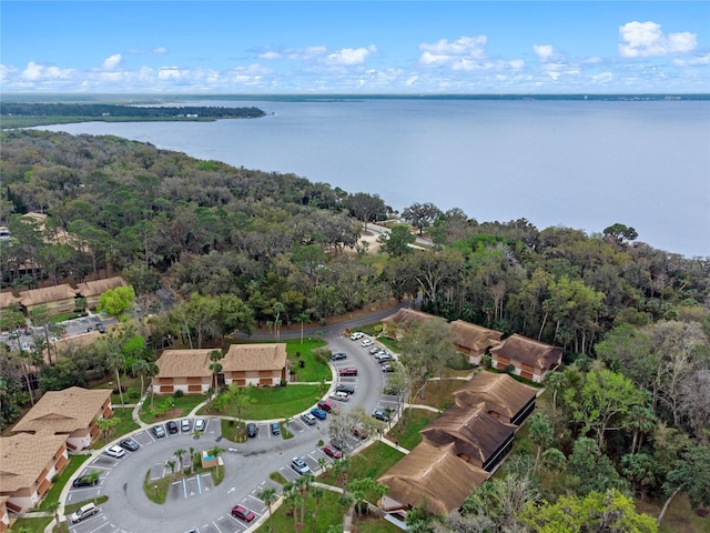 birds eye view of property featuring a forest view and a water view