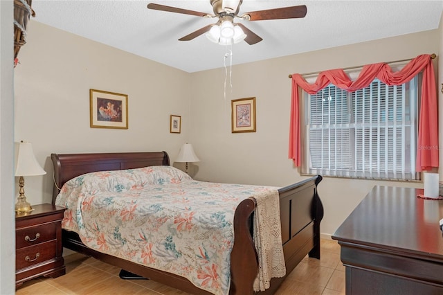 bedroom featuring a ceiling fan and a textured ceiling