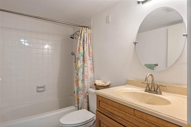 bathroom with toilet, vanity, and shower / bathtub combination with curtain