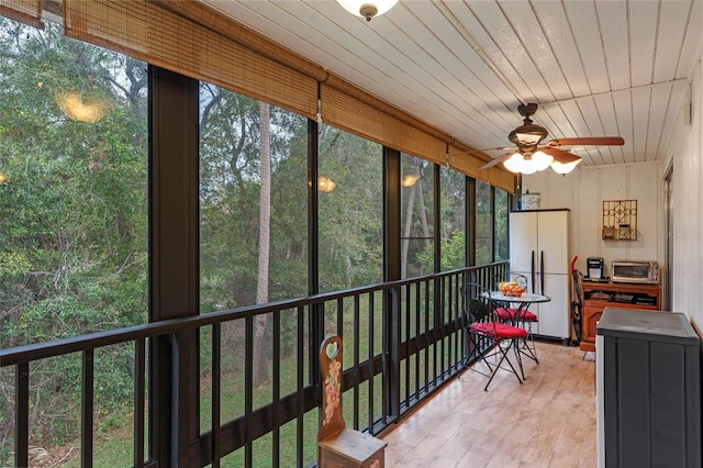 unfurnished sunroom with wooden ceiling and a toaster