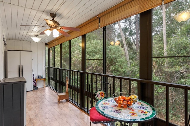 sunroom / solarium featuring wood ceiling and ceiling fan