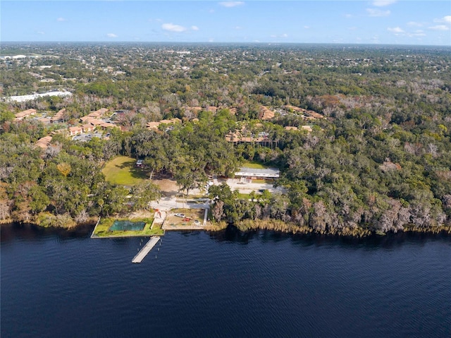 drone / aerial view featuring a water view and a view of trees