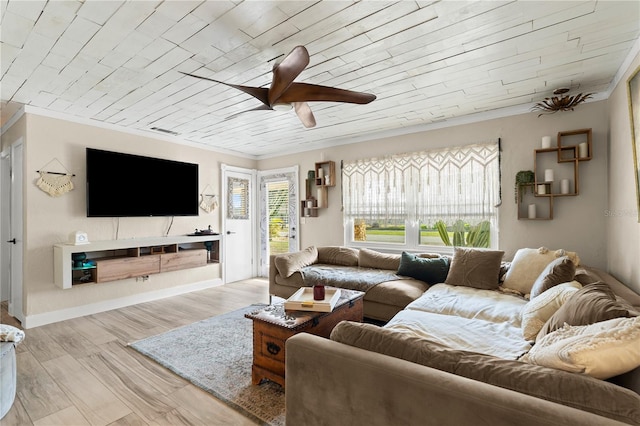 living room with ceiling fan, ornamental molding, wooden ceiling, and light wood-style floors