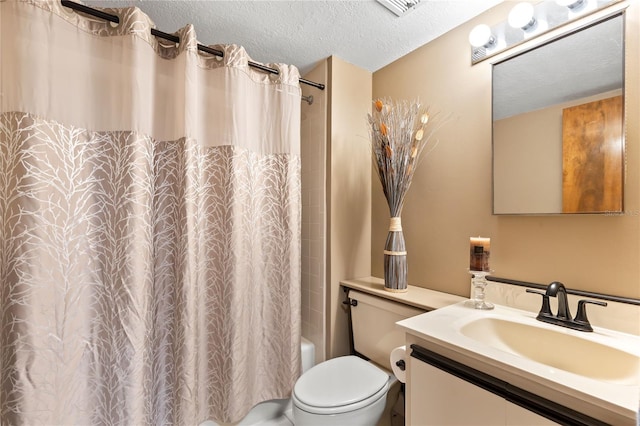 full bathroom featuring a textured ceiling, toilet, shower / tub combo, visible vents, and vanity