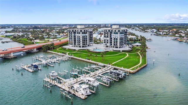 aerial view featuring a water view and a city view